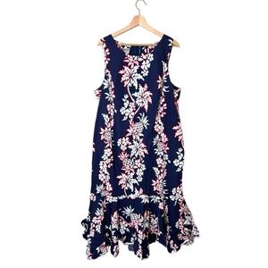 Hilo Hattie Pineapple Floral Maxi Dress Cotton Muu Muu  Pockets 1X Hawaii Aloha